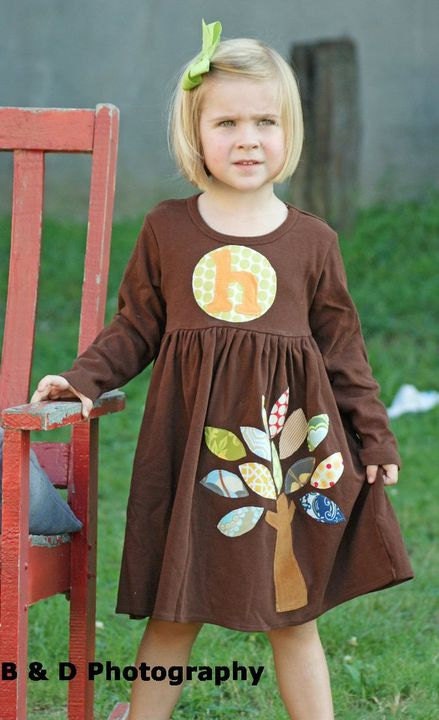 Toddler Fall Dress - Personalized Dress with Tree Applique - You Choose Dress Color and Sleeve Length