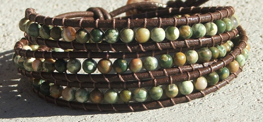 Chan Lunn inspired Handmade Leather Wrap Bracelet - Rainforest Jasper beads on leather