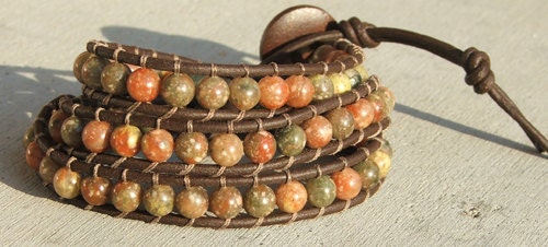 Handmade Leather Wrap Bracelet - Autumn Jasper on leather