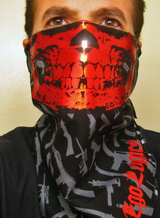 Red Chrome or GOLD  Cholo Skull and army guns Bandana Mask