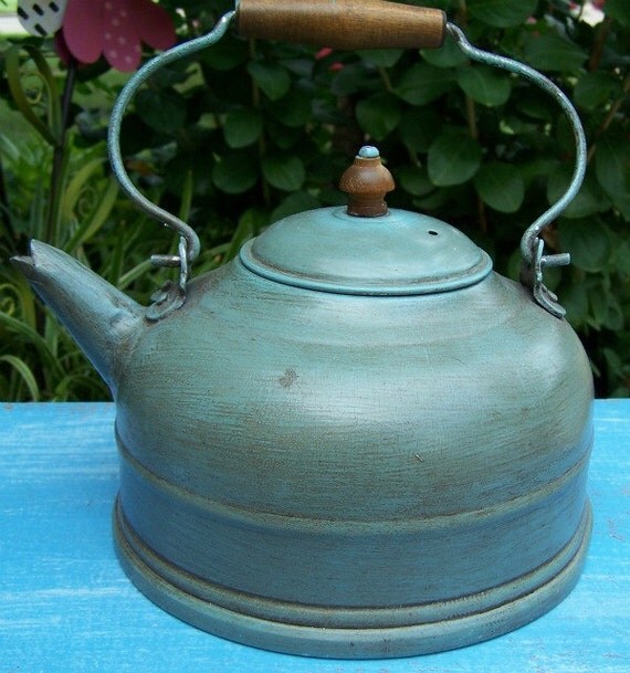 Vintage Blue Tea Kettle/Flower Pot with Wood Handle by Abbysfabric