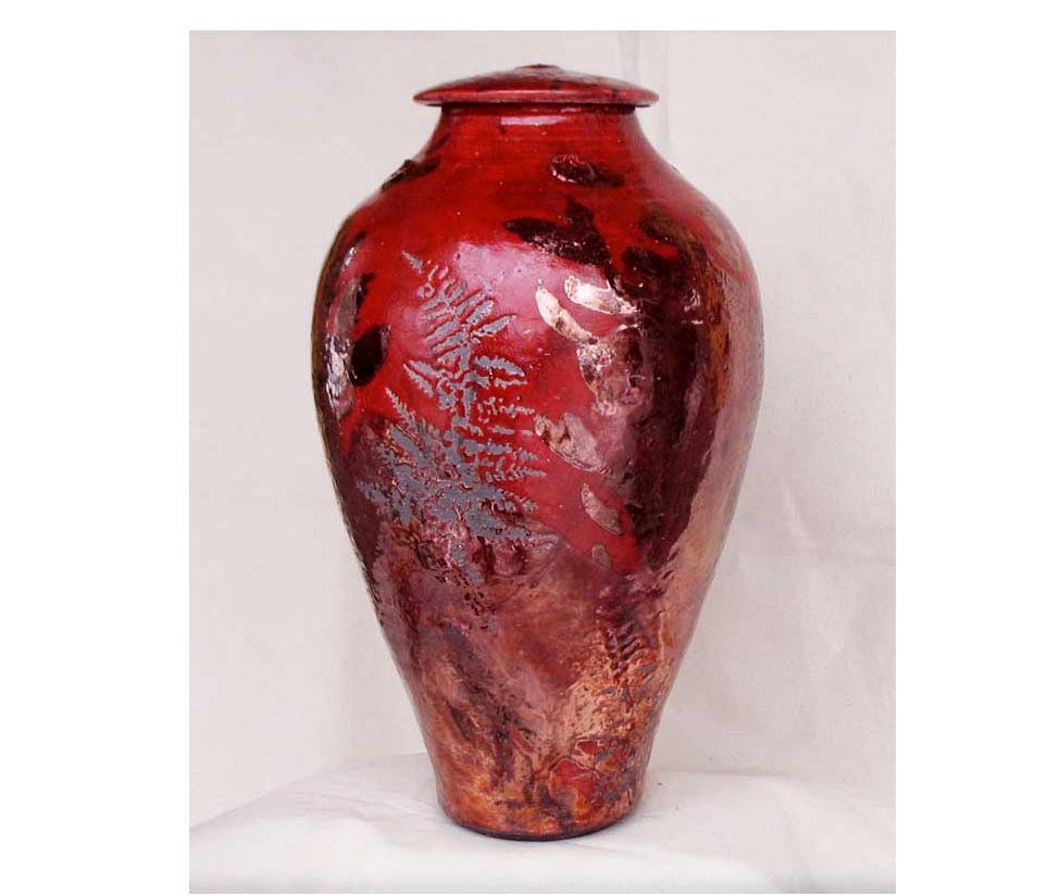 Cranberry Red Fern Raku Jar,14in. with copper fern detail