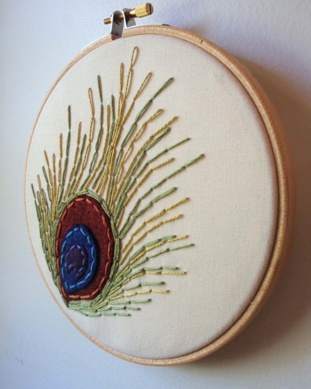 Embroidered Peacock Feather Hoop Art