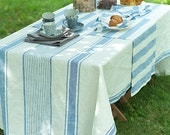 Elegant Off White Blue Striped Linen Tablecloth Prewashed