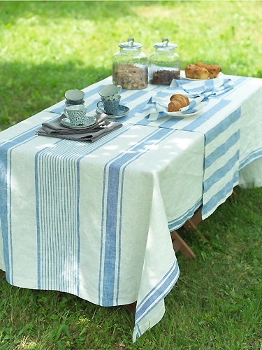 Elegant Off White Blue Striped Linen Tablecloth Prewashed