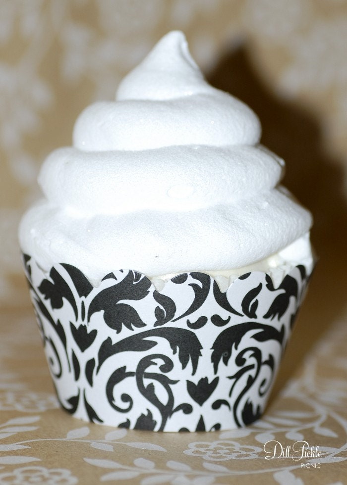 Black & White Damask Cupcake Wrappers - Standard Cupcake Wraps Set of 24