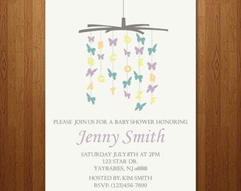 Baby shower invitation boy or girl butterfly mobile