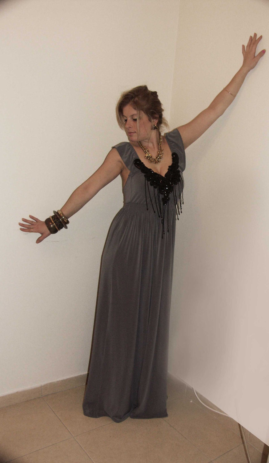 Beautiful soft long dress with black applique sequin ---now on Big SALEEE-----