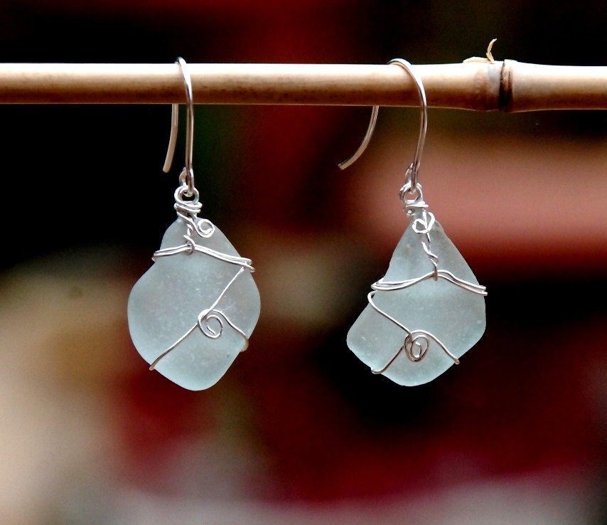 Aqua Sea Glass Earring in Silver Wire. Beach glass Dangles. Silver Earrings. Light Aqua Sea Foam Dangles. Sea Glass Jewelry-Earrings.
