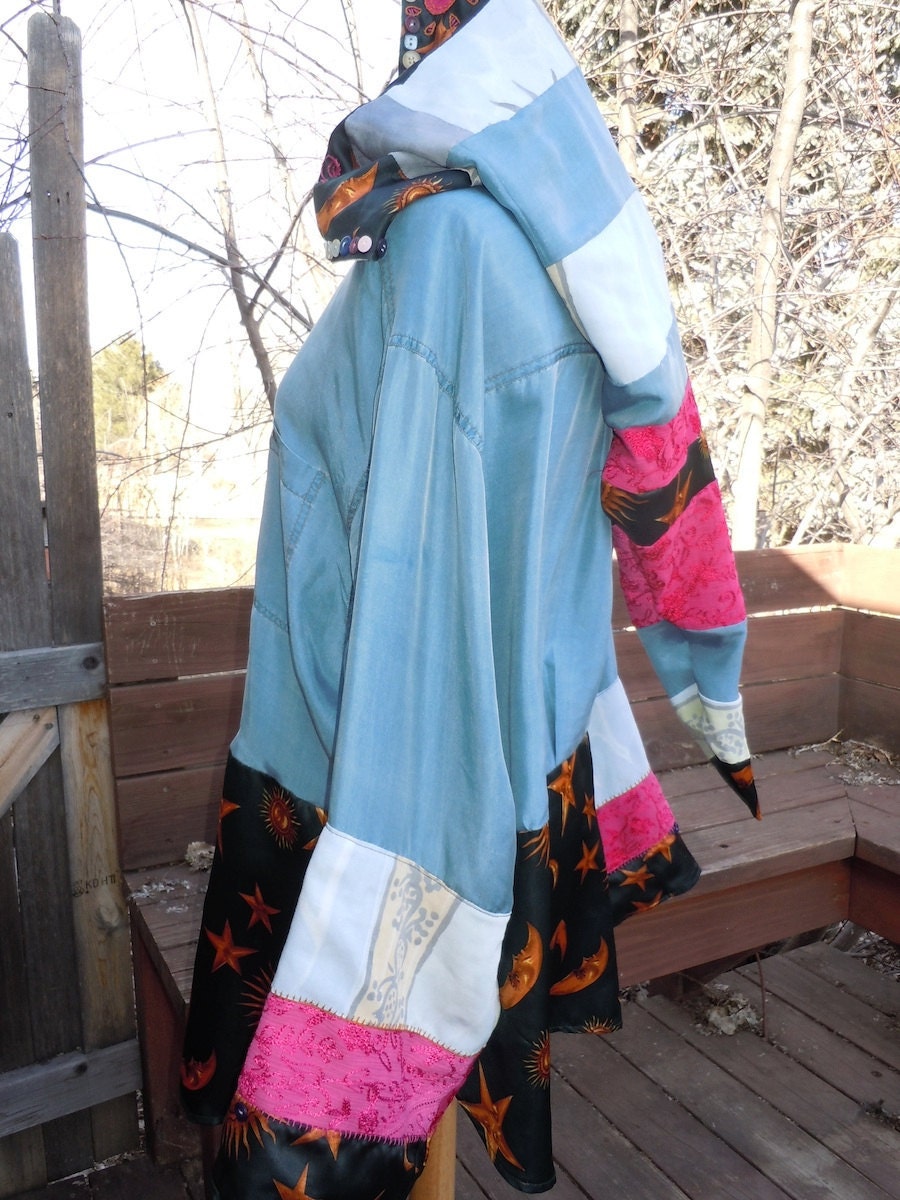 Celestial, hand embroidered, silk HOODIE in watercolor blue, no.100