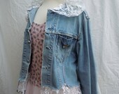 Shabby chic distressed jean jacket with white lace hood, no.44