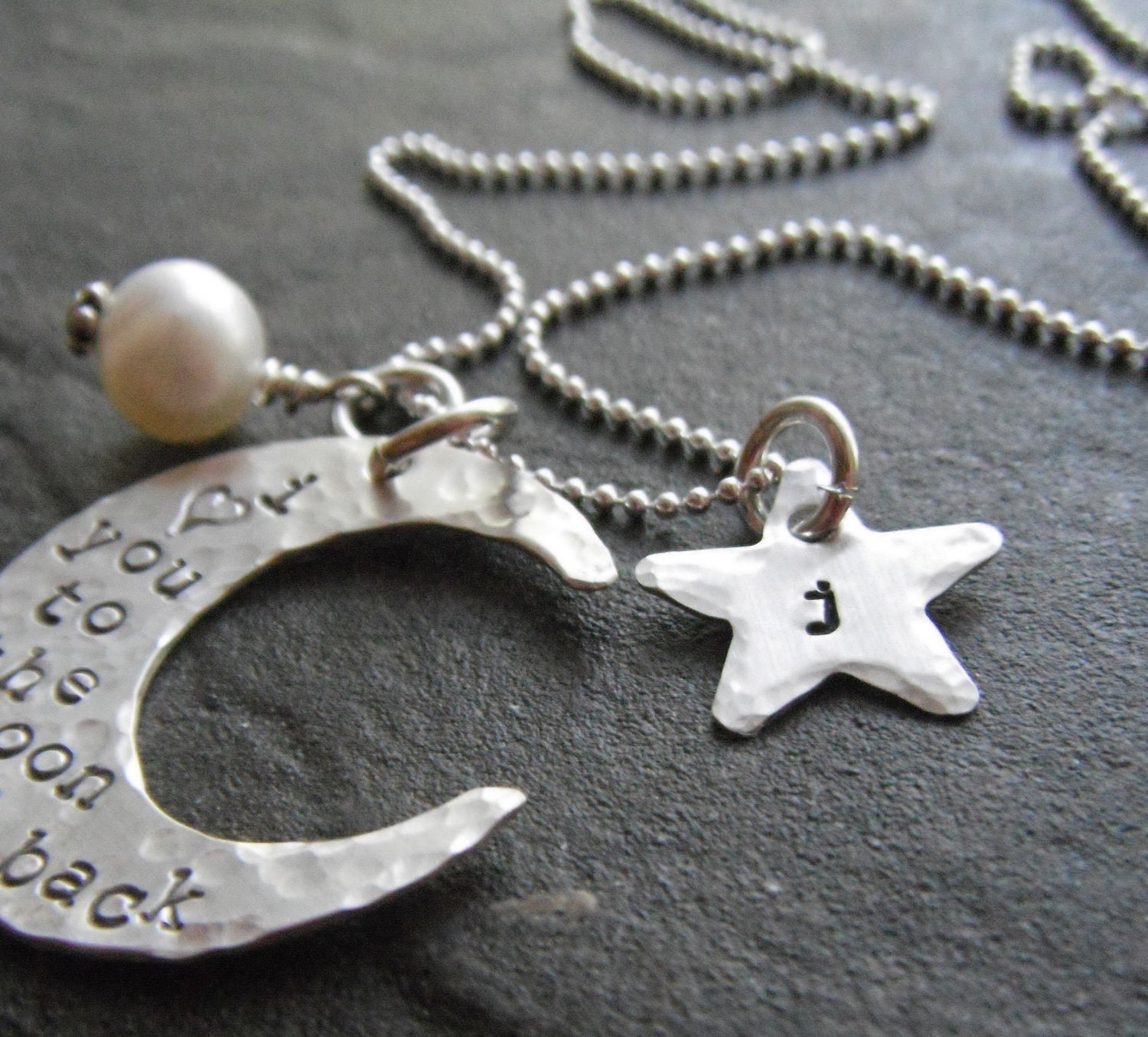 To The Moon and Back with Initial Star - Personalized Hand Stamped Sterling Silver Crescent Moon Necklace