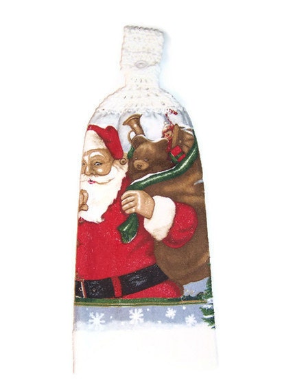 CLEARANCE - Christmas , Winter , Santa Kitchen Towel - 100 percent cotton top - white - crocheted