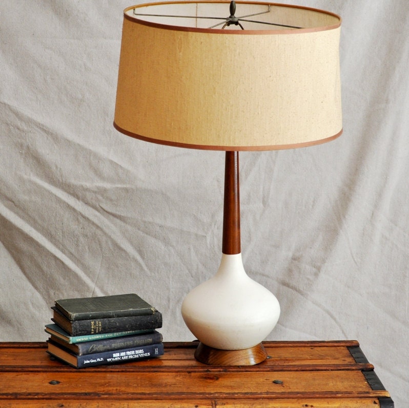 Tall White Lamp/ Vintage White Ceramic and Wood Table Lamp 1960's