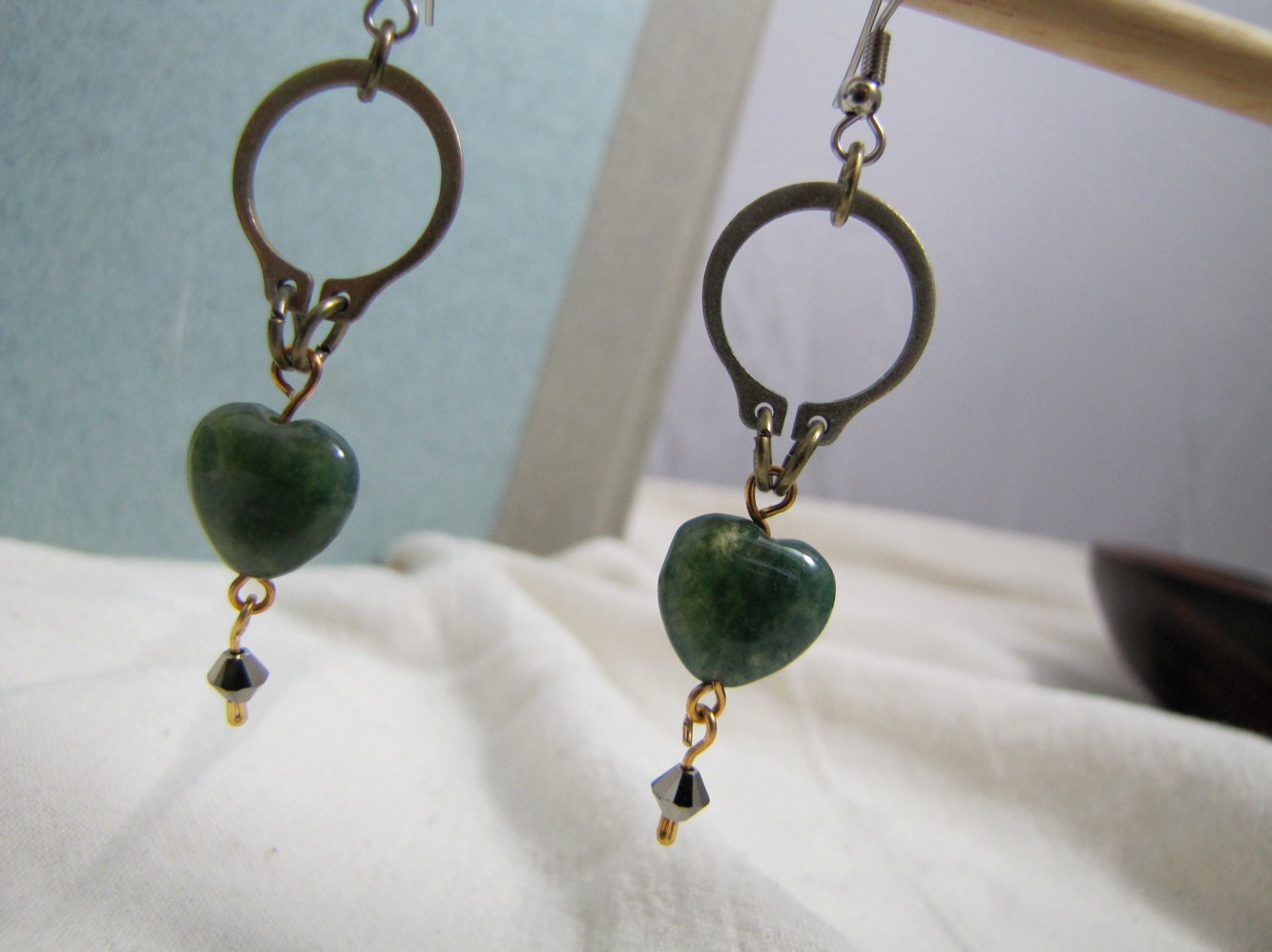Retain My Heart - Green earrings: indian agate, hardware, Swarovski crystals (free US shipping)