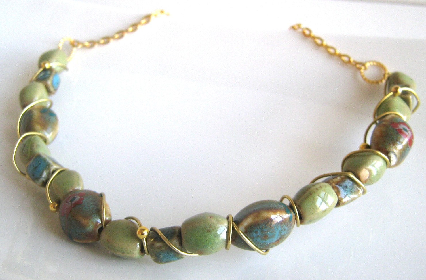 wire wrapped necklace in teal, green, blue - PORCELAIN PANSIES