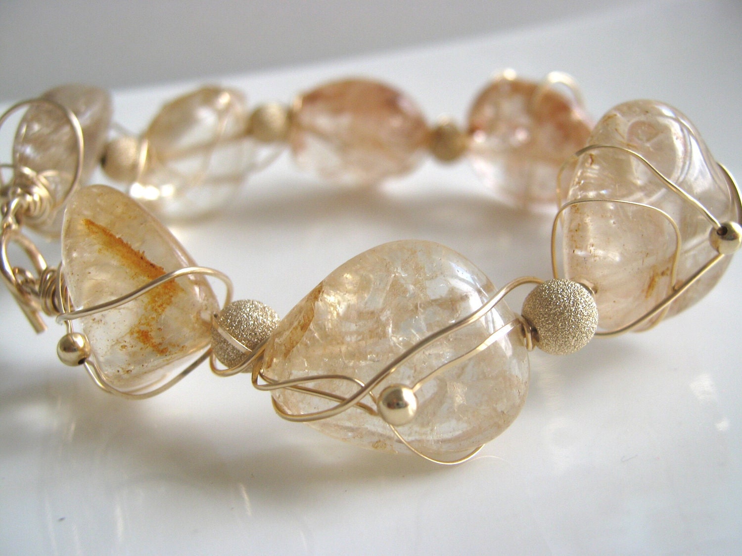 Gold Filled Bracelet - Gold Inflections - magnificent ice flake quartz bracelet in gold filled - free shipping worldwide