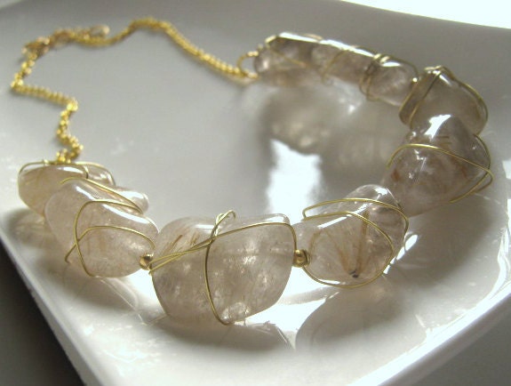 Gold Rutilated Quartz - wire wrapped necklace - gold plated
