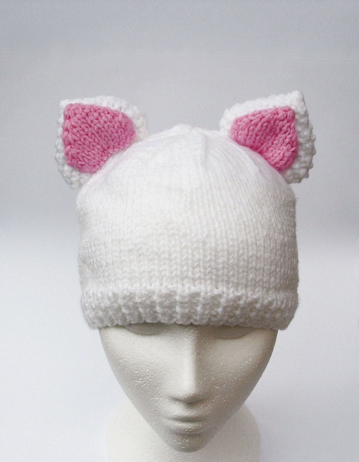 Items similar to Knit cat hat handmade beanie in white with Pink ear