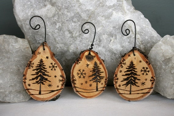 Winter Wonderland - Set of 3 Birch Ornaments - Woodburning