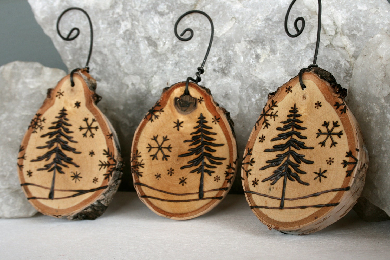 Winter Wonderland - Set of 3 Birch Ornaments - Woodburning