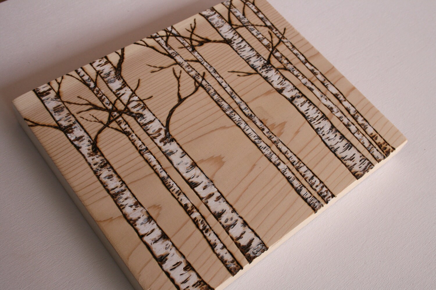 White Birch Trees Woodland Art Block Woodburning On