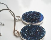 Midnight Blue Agate Druzy, Drusy Gemstone Earrings,  Oval Shape Geode with Sterling Silver, Natural Fashion Accessory