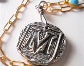 M is for...Mixed Metal Necklace Silver Initial Personalized, Wax Seal Pendant, Silver, Gold, Aqua, Pink Charms Avail. Trendy Fashion