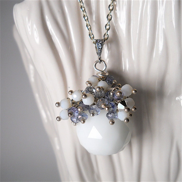 White Glass Round Briolette, Tanzanite Gemstone Neckace, Purple Periwinkle, Statement, Wedding, Bridal, Birthstone, Fashion Accessory