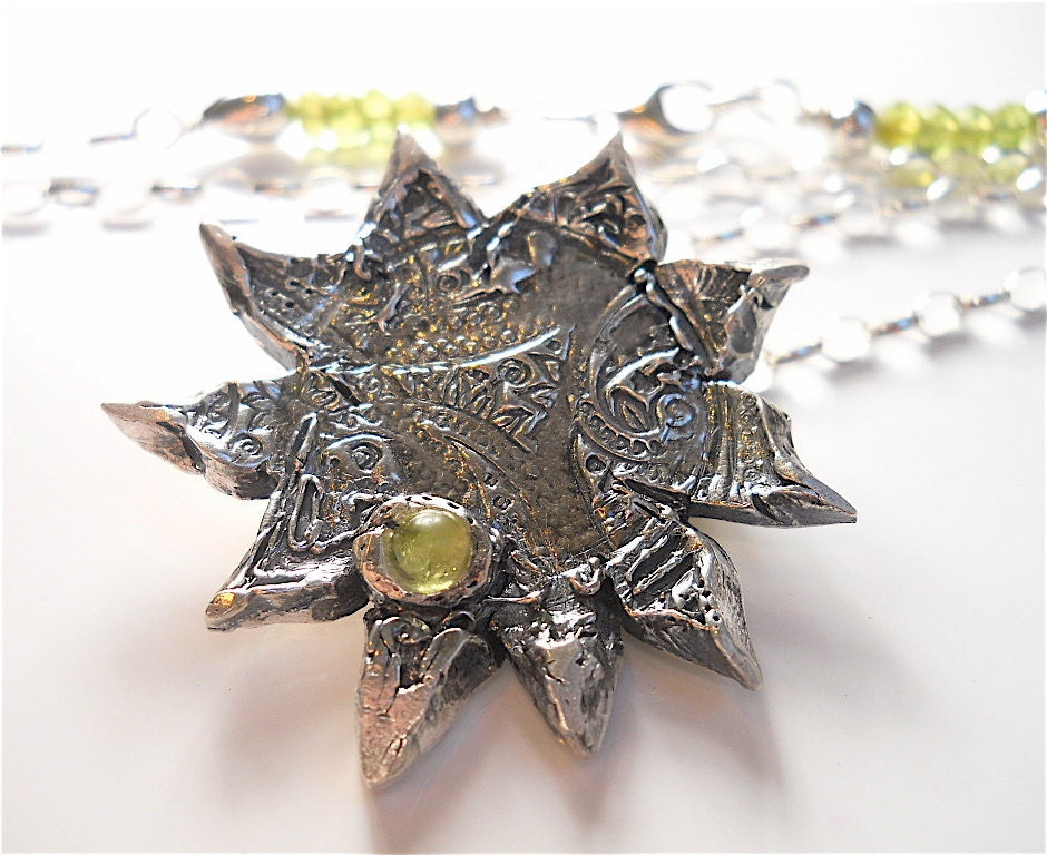 Eco-friendly Silver Italian Sun Artisan Necklace, Hand Carved, Peridot Accents, August Birthstone Gift Fashion Statement  Accessory