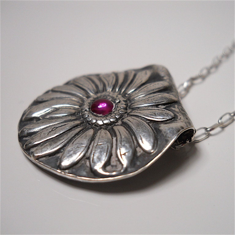 Pink Ruby, Silver Flower Pendant, "Bloom" Necklace, Recycled Silver, Earthy Fashion Accessory July Birthstone, Your Daily Jewels