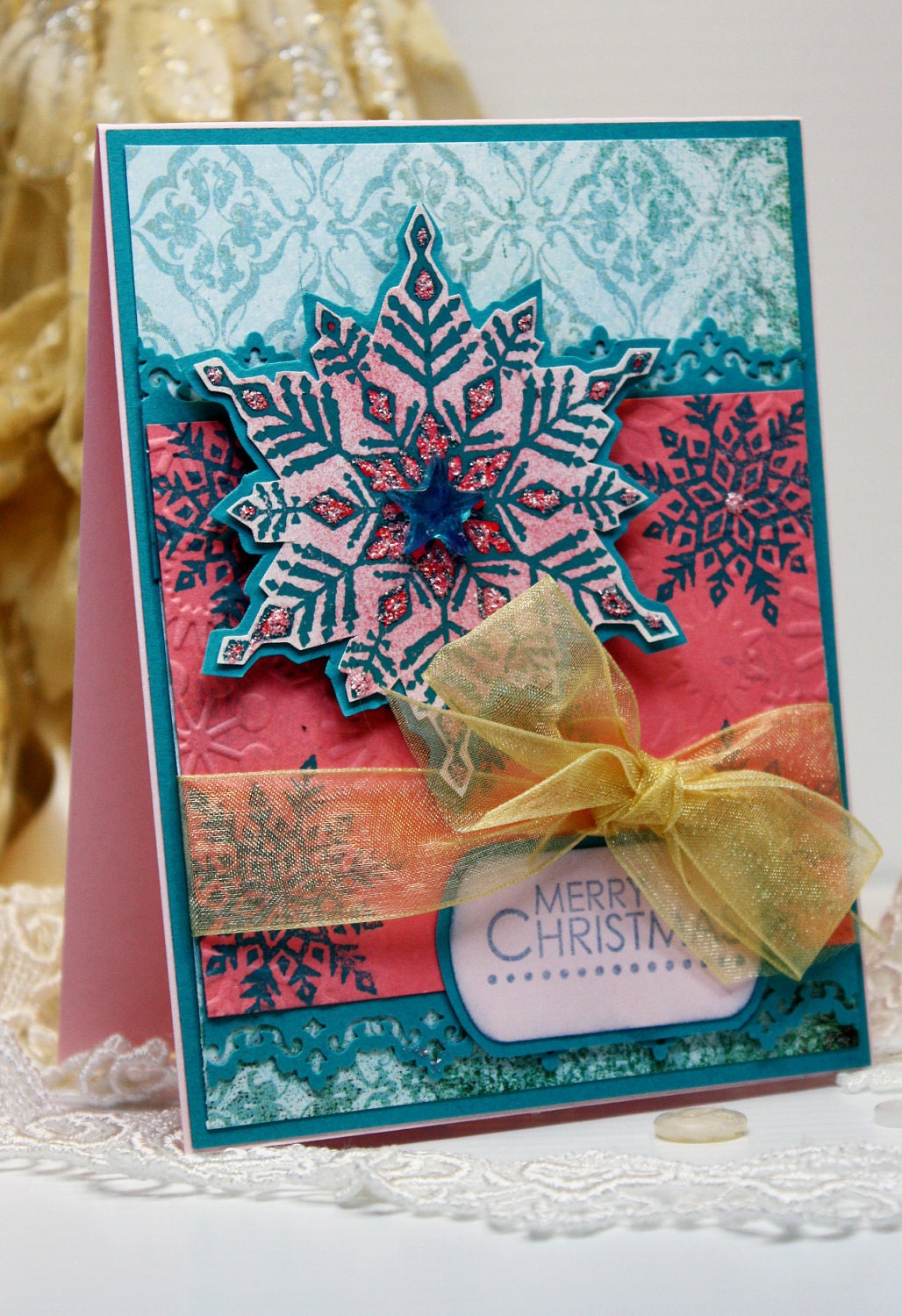 Handmade Christmas Card - Merry Christmas - Stampin Up Snowflake Image Embossed