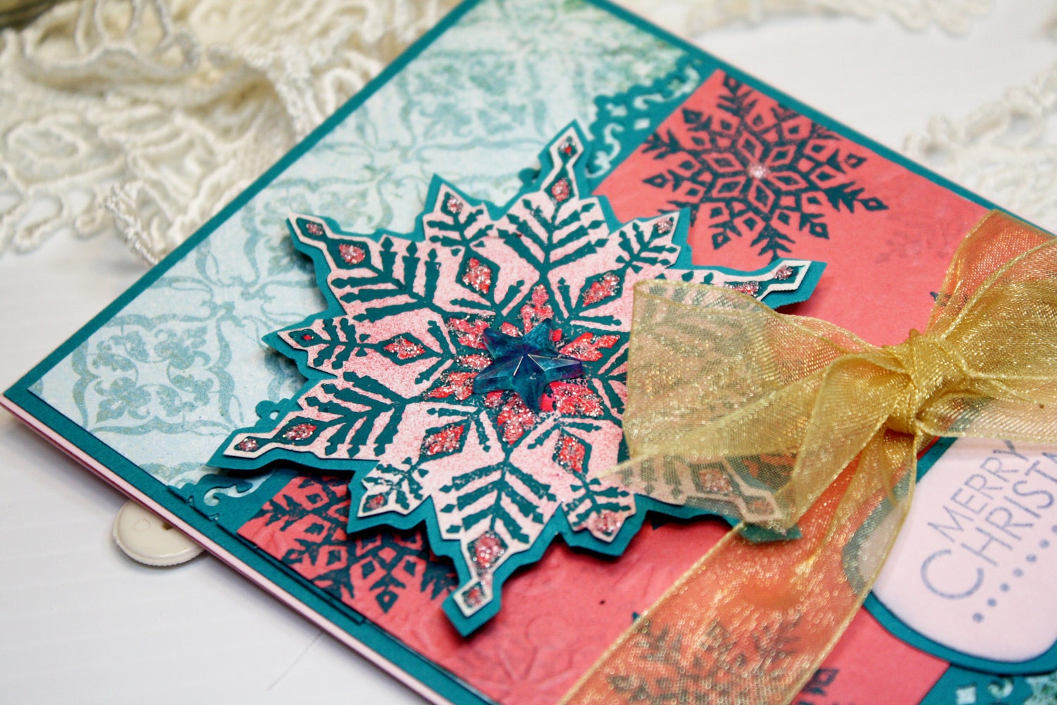 Handmade Christmas Card - Merry Christmas - Stampin Up Snowflake Image Embossed