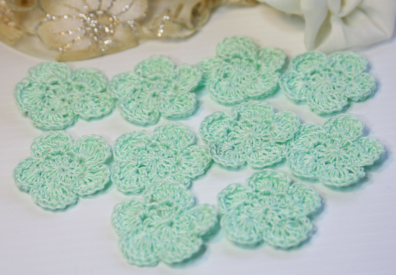 Crochet Flowers Handmade Applique - Mint - SET OF 10 - 1.5 x 1.5" Shabby Chic Vintage Inspired
