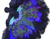 Burlesque Showgirl Jeweled PEACOCK & Ostrich FEATHER FAN 44x30"Lg