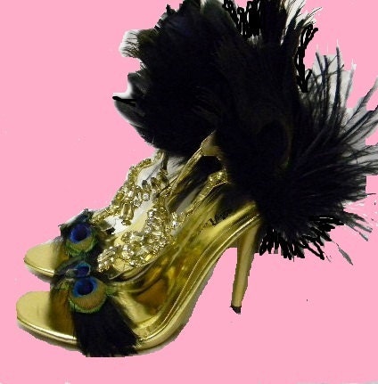 Peacock Feather Fierce Crystal Ballroom High Heels Szs -9-10-11M Black Ostrich Dance Pumps