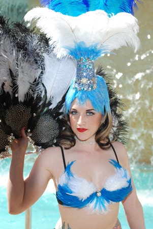 Blue Bird Ostrich Feather Las Vegas Showgirl Headdress Headpiece
