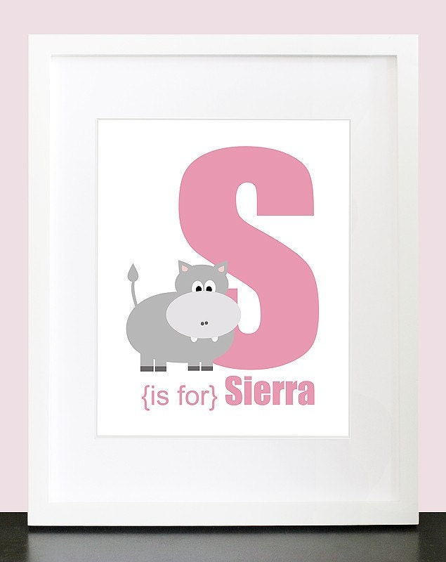 Hippo Initial With Personalized Name Wall Art. Hippo Wall Print. Name Wall Art. 8x10 Children Nursery Hippopotamus Wall Print Poster