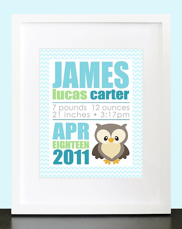 Owl Birth Announcement Wall Print. Chevron Birth Announcement. Custom Birth Announcement. Baby, Children Wall Print Poster by mateo & tobias