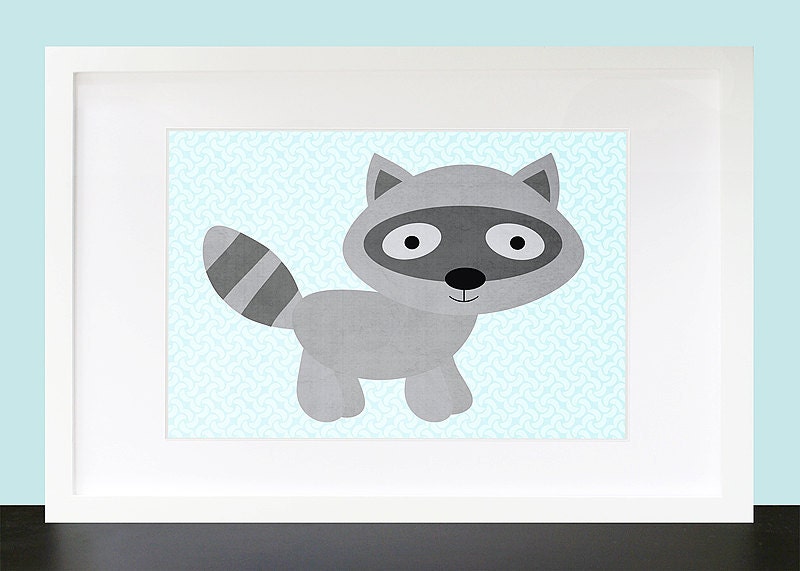 SET OF 4 Forest Friends Bear Fox Owl Raccoon Wall Art - 5x7 Customize Your Background Wall Print Poster