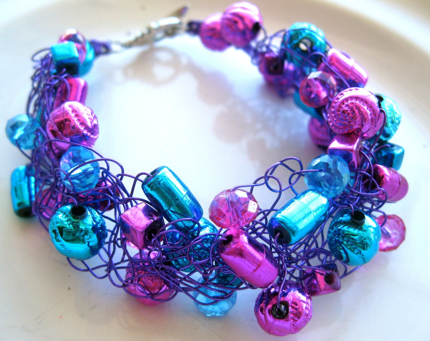 MARDI GRAS BLING: (Blue and Pink Acrylic Beads and Swarovski Crystals in a Wire Crochet Charm Bracelet)