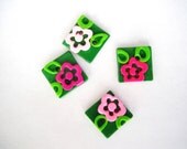 Button Aloha Flowers handmade polymer clay  square buttons ( 4 )