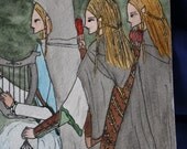 LOTR  Card Original Watercolor Wandering Elves Lord of the Rings