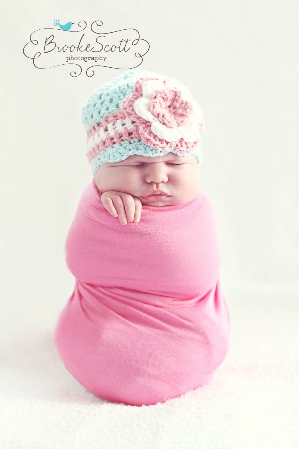 Girls Hat, Newborn Hat, Child Crochet Hat, Robins Egg Blue, White and Pink Flower Beanie Baby Hat, Photography prop