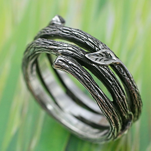 TWIG AND LEAF Band - Delicate Little Leaves. This ring in sterling silver