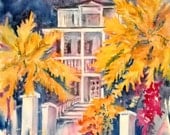 SALE - Original Watercolor of Charleston Southern House Night Sky -  Watercolor on Gesso