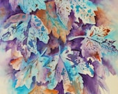 Abstract Watercolor of Fall Leaves Blues Purple Brown by Colorado Artist Martha Kisling