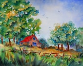 Watercolor of Barn, Trees and Fence in the Country by Colorado Artist Martha Kisling