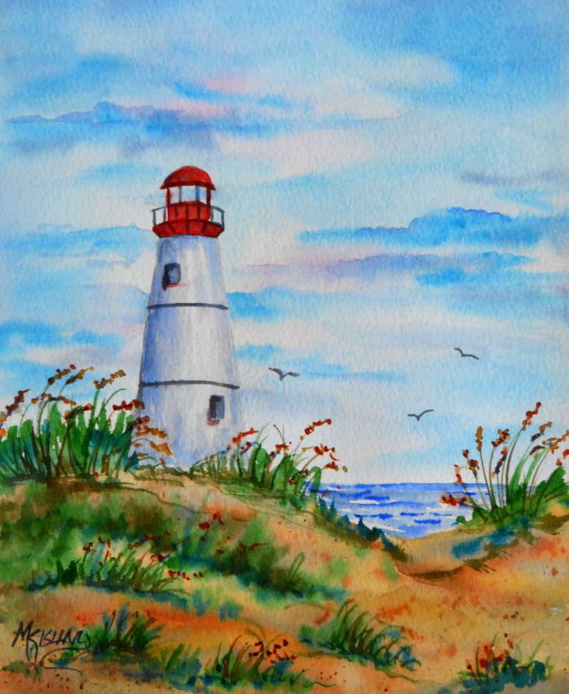 Watercolor of White Lighthouse on Beach Coast by Colorado Artist Martha Kisling