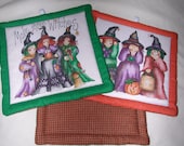 Quilted Halloween Pot Holders: MAKE THREE WITCHES --Set of 2 - 7" Square - TessieTextile